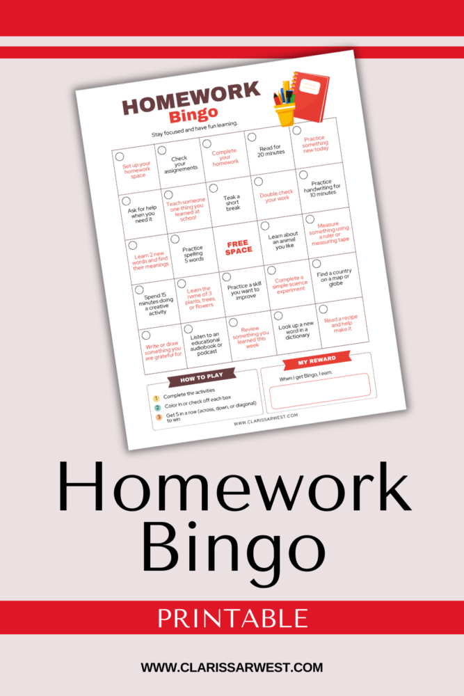 FREE Homework Bingo For Independent Learning PDF Printable