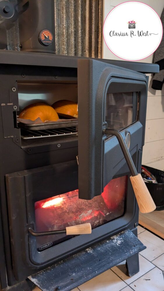 roasting pumpkins in the wood stove oven